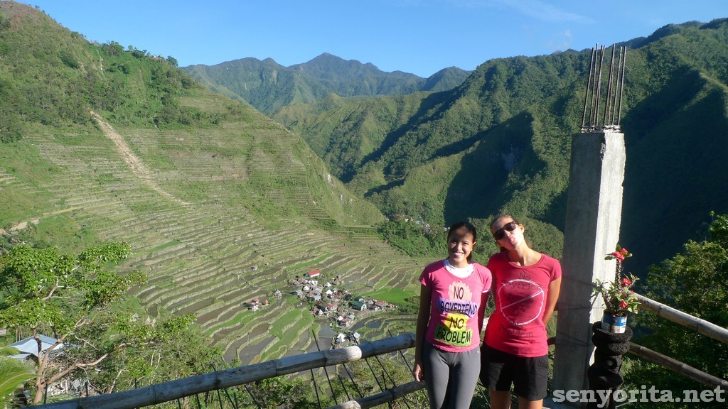 Wearing the 'No Boyfriend, No Problem' Pink shirt in Batad Village