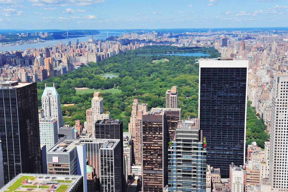 New York City Manhattan midtown aerial panorama view with skyscrapers and central park in the day.