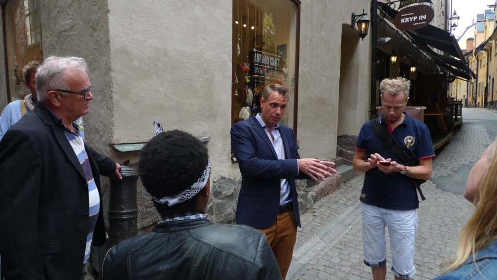 Our tour guide Marco sharing interesting facts about notable LGBT figures of Sweden